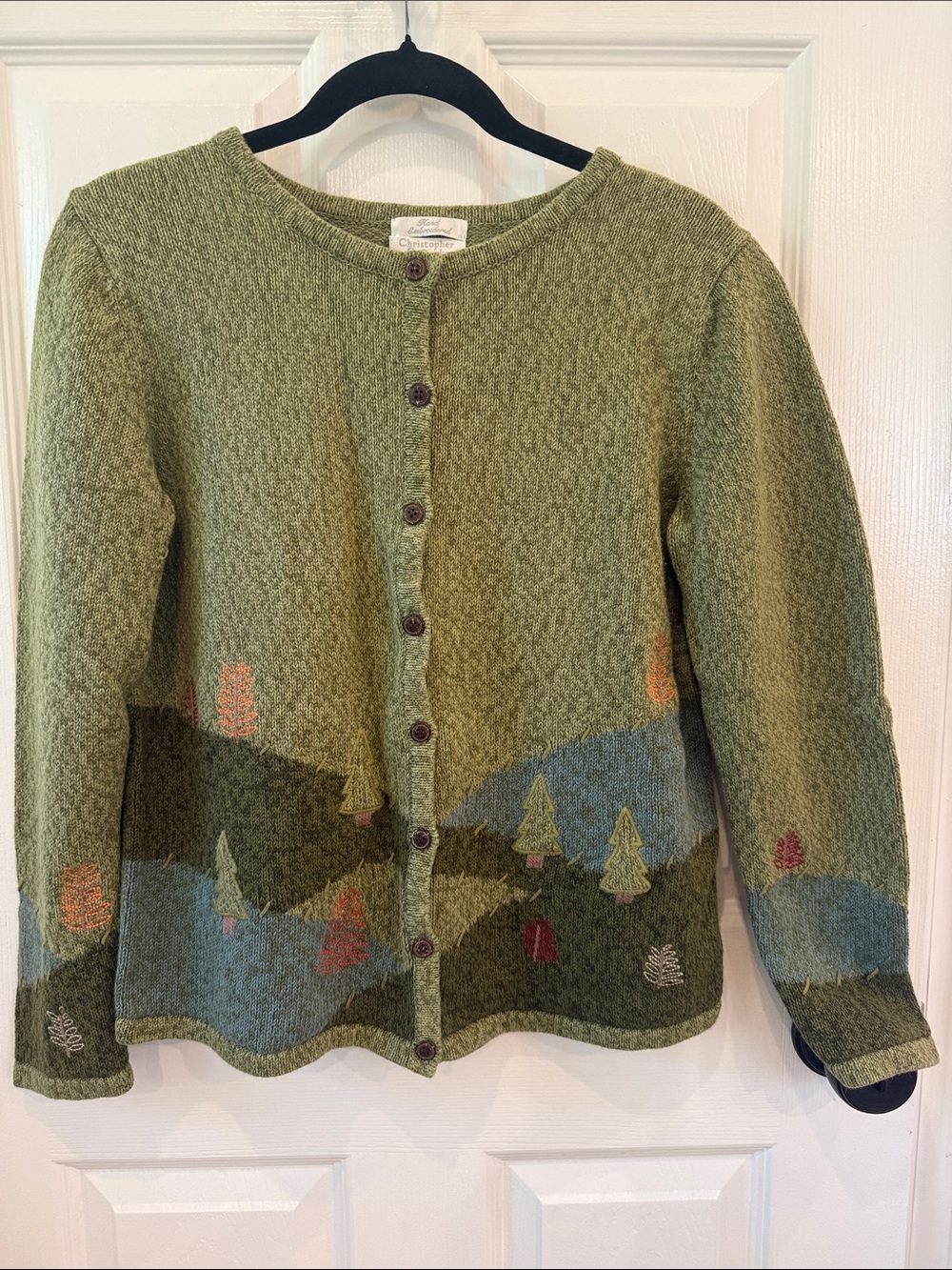 Christopher & Banks Olive Green Scenic Knit Cardigan